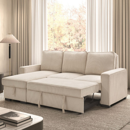 Canapé d'angle gauche convertible avec coffre en velours côtelé beige - NAPOLINOR