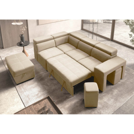 Canapé d'angle gauche convertible avec 2 poufs et 1 coffre - FAUNE