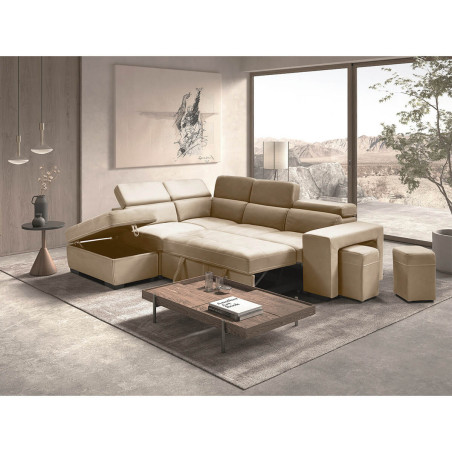 Canapé d'angle gauche convertible avec 2 poufs et 1 coffre - FAUNE