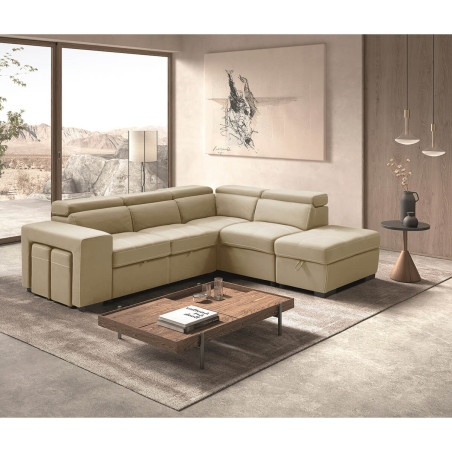Canapé d'angle droit convertible 2 poufs 1 coffre beige - FAUNE