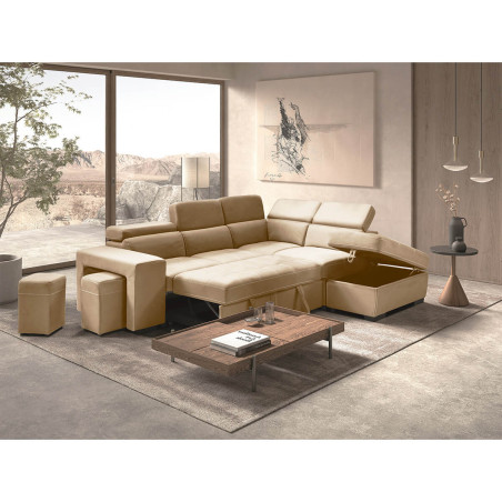 Canapé d'angle droit convertible 2 poufs 1 coffre beige - FAUNE