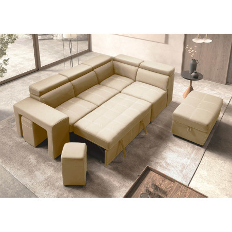 Canapé d'angle droit convertible 2 poufs 1 coffre beige - FAUNE