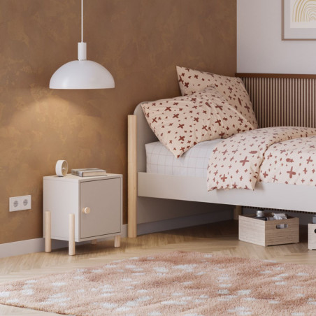 Chevet 1 porte laqué crème en MDF et pin massif, pieds pin naturel - ENOROR