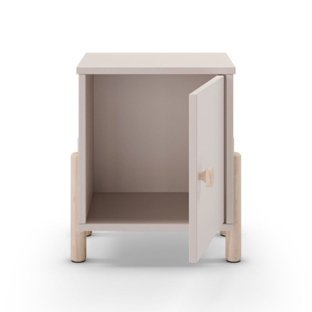 Chevet 1 porte laqué crème en MDF et pin massif, pieds pin naturel - ENOROR