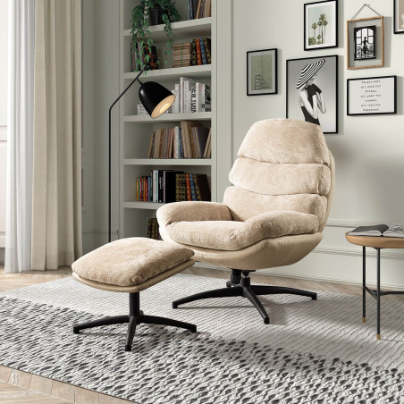 Fauteuil pivotant avec repose-pieds bi-matière beige - VIGOA