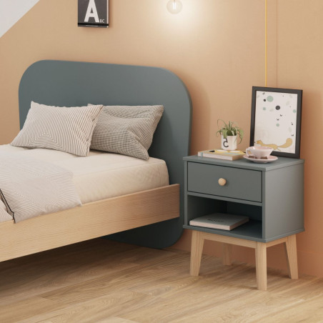 Chevet 1 tiroir et 1 niche en pin massif et MDF laqué vert kaki et naturel - KAINEN