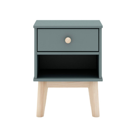 Chevet 1 tiroir et 1 niche en pin massif et MDF laqué vert kaki et naturel - KAINEN
