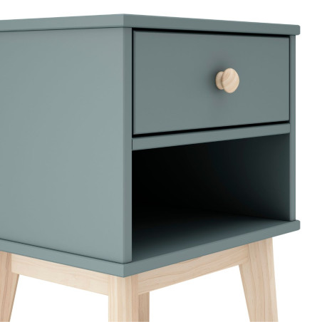 Chevet 1 tiroir et 1 niche en pin massif et MDF laqué vert kaki et naturel - KAINEN