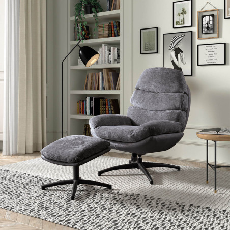 Fauteuil pivotant avec repose-pieds bi-matière gris foncé - VIGOA