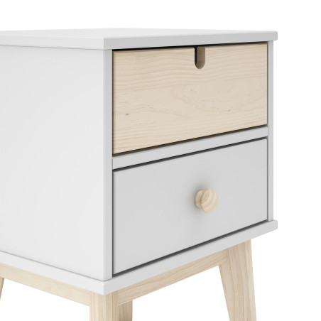 Chevet 2 tiroirs en MDF et pin, blanc et naturel - KAINEN