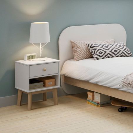 Chevet 1 tiroir et 1 niche en pin massif et MDF laqué blanc et naturel - KAINEN
