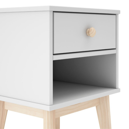 Chevet 1 tiroir et 1 niche en pin massif et MDF laqué blanc et naturel - KAINEN