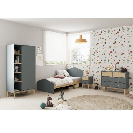 Chevet 2 tiroirs MDF et pin gris vert naturel - KAINEN