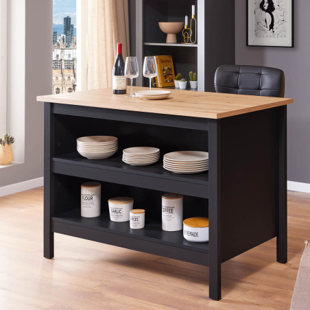 Ilot de cuisine noir et plateau effet bois - KENIO