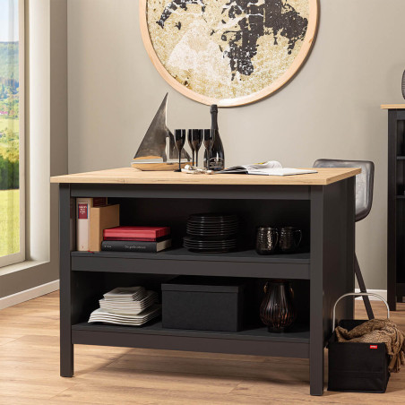 Ilot de cuisine noir et plateau effet bois - KENIO