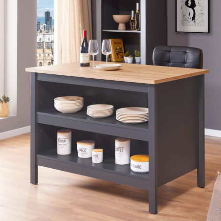 Ilot de cuisine anthracite et plateau effet bois - KENIO
