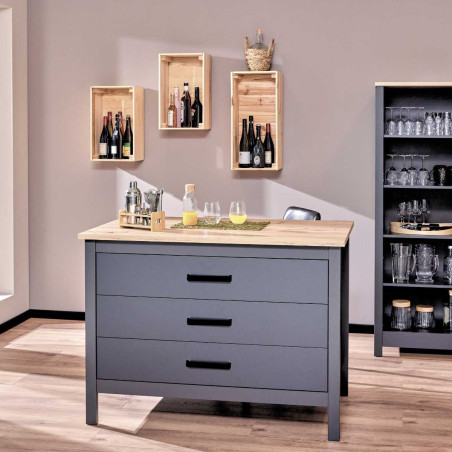 Ilot de cuisine anthracite plateau effet bois 3 tiroirs 2 étagères - KENIO