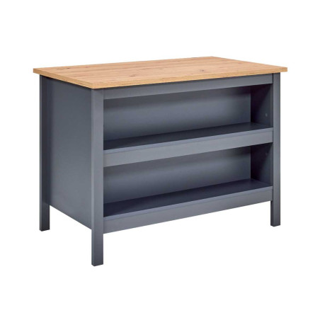 Ilot de cuisine anthracite plateau effet bois 3 tiroirs 2 étagères - KENIO