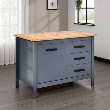 Ilot de cuisine anthracite plateau effet bois avec rangements - KENIO