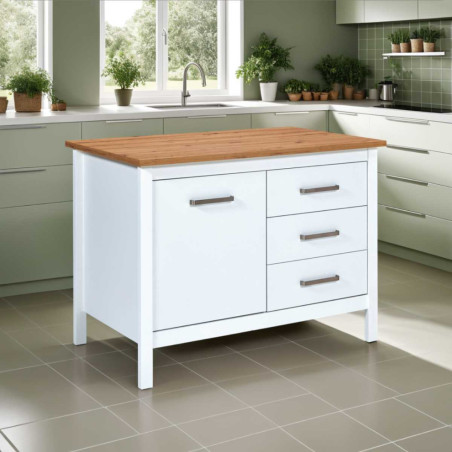 Îlot de cuisine blanc et plateau effet bois, 1 porte 3 tiroirs - KENIO