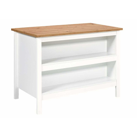 Îlot de cuisine blanc et plateau effet bois, 1 porte 3 tiroirs - KENIO