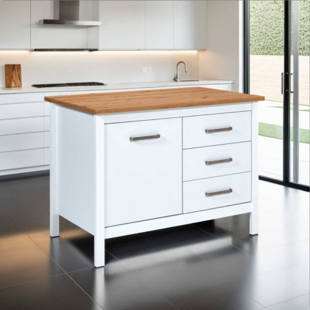 Îlot de cuisine blanc et plateau effet bois, 1 porte 3 tiroirs - KENIO