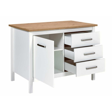 Îlot de cuisine blanc et plateau effet bois, 1 porte 3 tiroirs - KENIO