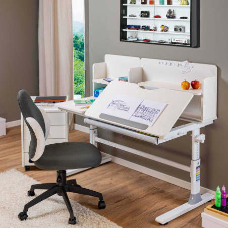 Bureau enfant réglable en hauteur blanc avec étagères - TECHNOR