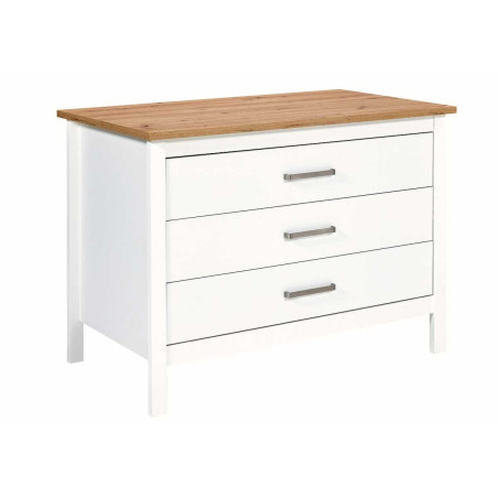 Ilot de cuisine blanc et plateau effet bois, 3 tiroirs, 2 étagères - KENIO