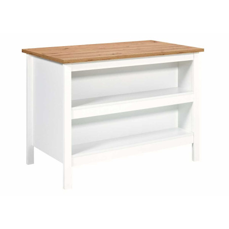 Ilot de cuisine blanc et plateau effet bois, 3 tiroirs, 2 étagères - KENIO