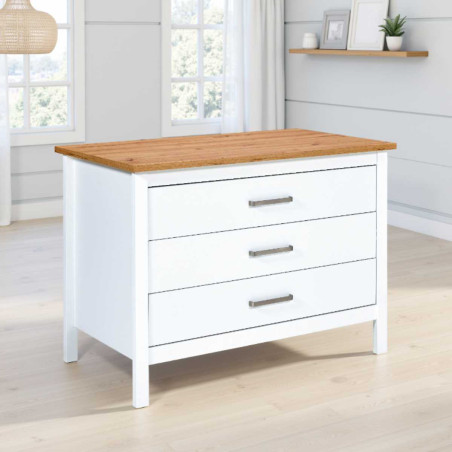 Ilot de cuisine blanc et plateau effet bois, 3 tiroirs, 2 étagères - KENIO