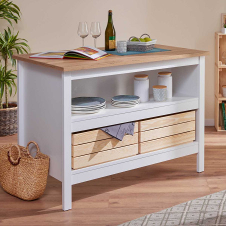Ilot de cuisine blanc et plateau effet bois, 3 tiroirs, 2 étagères - KENIO
