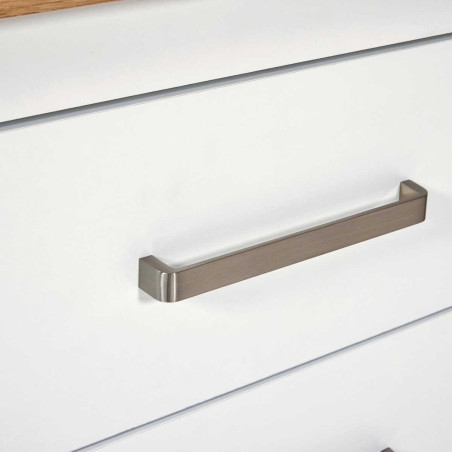 Ilot de cuisine blanc et plateau effet bois, 3 tiroirs, 2 étagères - KENIO