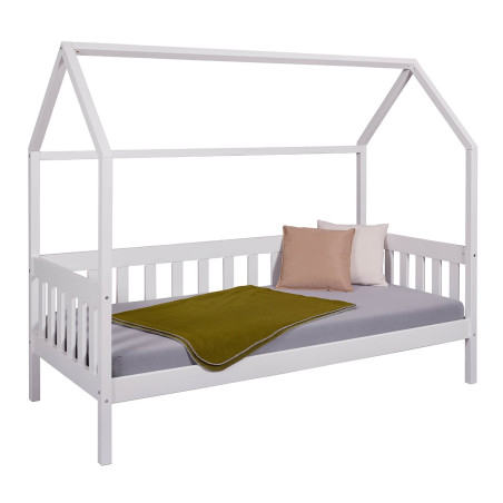 Lit cabane 90x200 cm avec barrières en pin massif blanc - SAREN