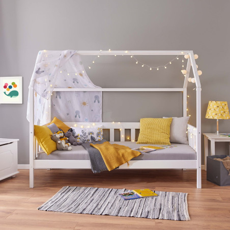 Lit cabane 90x200 cm avec barrières en pin massif blanc - SAREN
