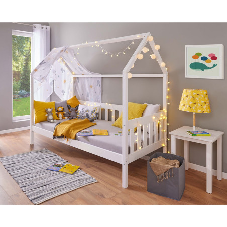 Lit cabane 90x200 cm avec barrières en pin massif blanc - SAREN