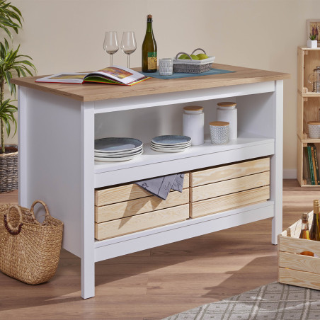 Ilot de cuisine blanc et plateau effet bois - KENIO