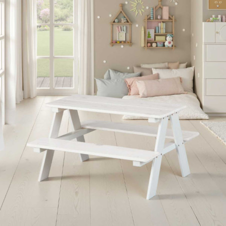 Table avec bancs pour enfant en pin massif vernis blanc - ANDEROR