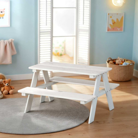 Table avec bancs pour enfant en pin massif vernis blanc - ANDEROR