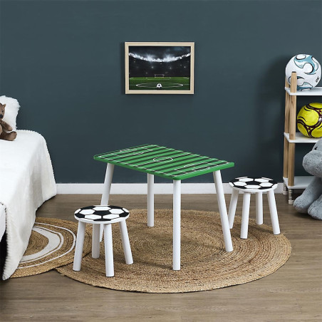 Ensemble table et 2 tabourets en bois décor football