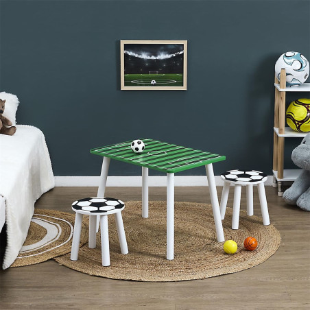 Ensemble table et 2 tabourets en bois décor football