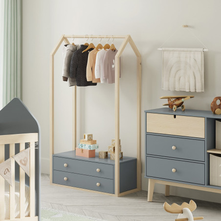 Penderie 2 tiroirs en mdf et pin, gris vert et naturel - KAINEN