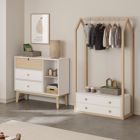 Penderie 2 tiroirs en pin massif et MDF blanc et naturel - KAINEN
