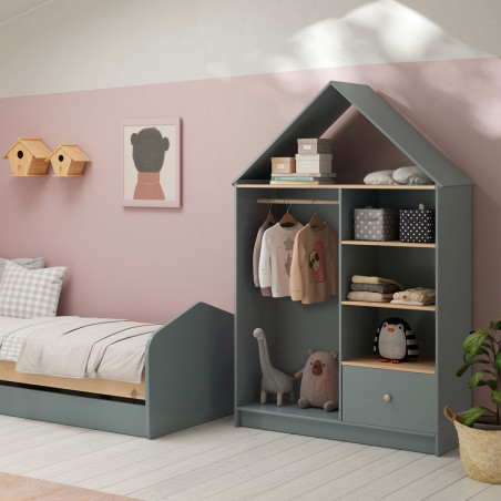 Dressing cabane enfant en MDF et pin gris vert et naturel - KAINEN