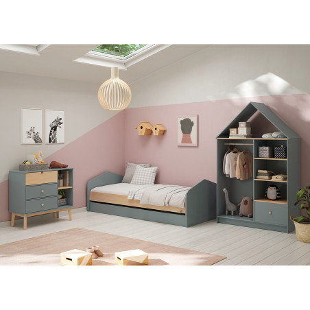 Dressing cabane enfant en MDF et pin gris vert et naturel - KAINEN