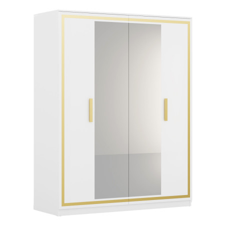 Armoire 4 Portes Laquée Blanc et Décor Doré avec Miroirs - ALEON