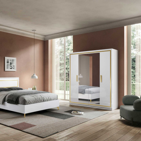 Armoire 4 Portes Laquée Blanc et Décor Doré avec Miroirs - ALEON