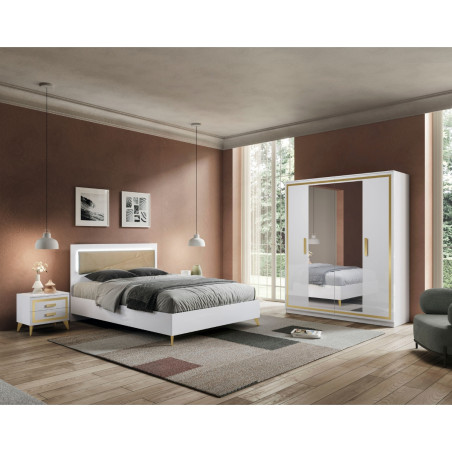 Armoire 4 Portes Laquée Blanc et Décor Doré avec Miroirs - ALEON