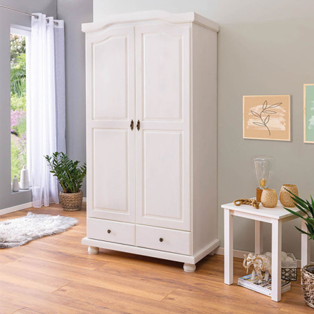 Armoire 2 Portes Bois Massif Vernis Blanc - NERON