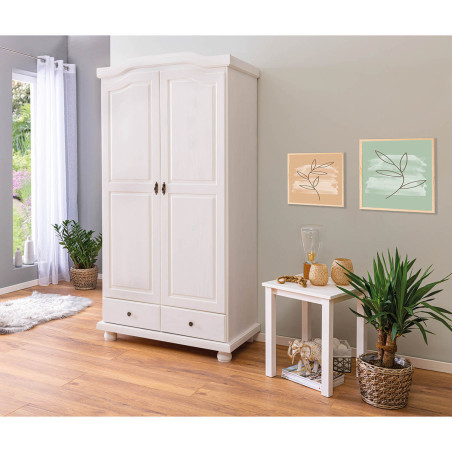Armoire 2 Portes Bois Massif Vernis Blanc - NERON